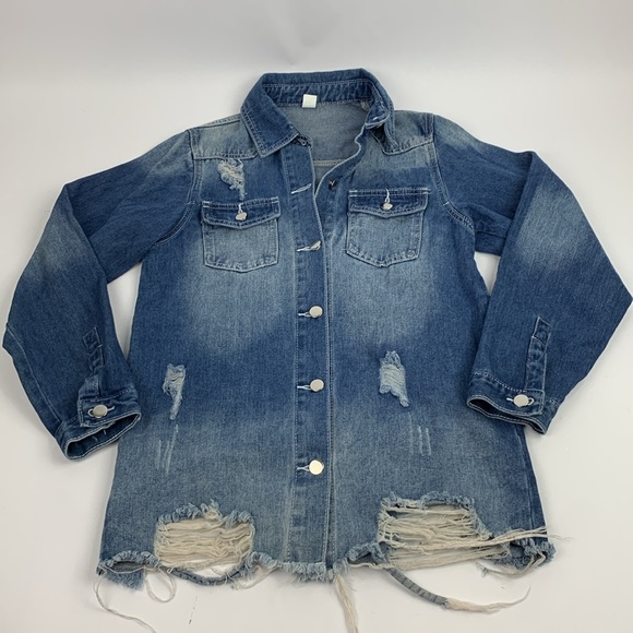 Distressed Denim Jean Jacket Coat Size Small Silver Button up Pocket Cotton NWOT - Picture 1 of 13